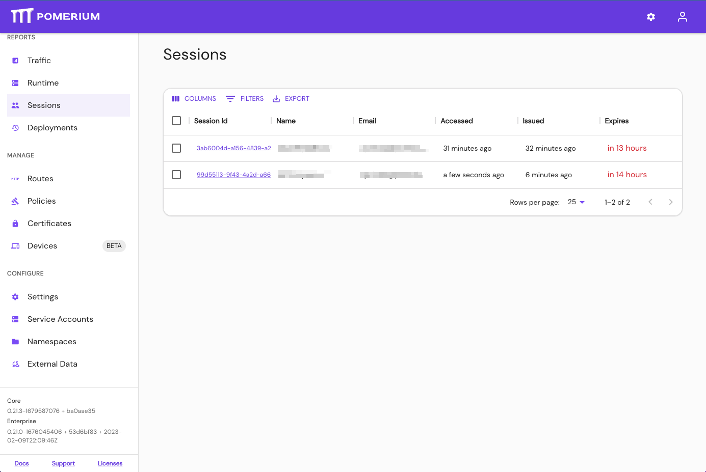 The Sessions page in Pomerium Enterprise